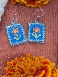 Framed Rectangle Floral Earrings, Design 1 – Orange Flower w Blue