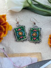 Framed Rectangle Floral Earrings, Design 2 – Green Geometric