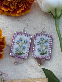 Rectangle Floral Earrings, Design 9 – Blue Flower w purple