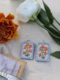Rectangle Floral Earrings, Design 11 – Orange Flower w blue