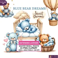 Sleepy Blue Bear Nursery Clipart PNG - Extended License – Image 1