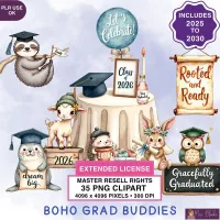 Boho Graduation Animals Clipart PNG - Extended License – Image 1