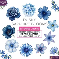 Blue Floral Clipart PNG - Extended License – Image 1