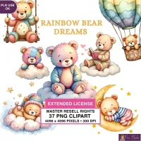 Rainbow Teddy Bear Clipart PNG - Extended License – Image 1