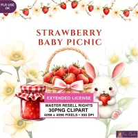 Strawberry Bunny Picnic Clipart PNG - Extended License – Image 1