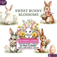 Cute Bunny Spring Flowers Clipart PNG - Extended License – Image 1