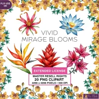 Colorful Tropical Floral Clipart PNG - Extended License – Image 1
