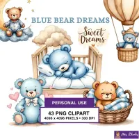 Sleepy Blue Bear Nursery Clipart PNG - Personal Use License – Image 1