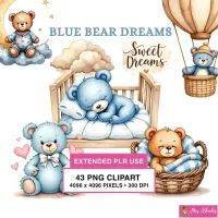 Sleepy Blue Bear Nursery Clipart PNG - Extended License – Image 1