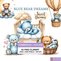 Sleepy Blue Bear Nursery Clipart PNG - Commercial + PLR Use License – Image 1