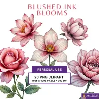 Blush Ink Floral Clipart PNG - Personal Use License – Image 1
