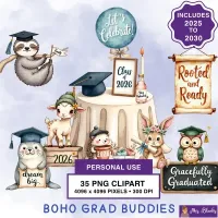 Boho Graduation Animals Clipart PNG - Personal Use License – Image 1