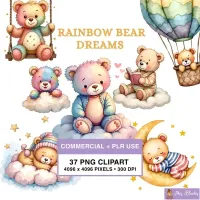Rainbow Teddy Bear Clipart PNG - Commercial + PLR Use License – Image 1
