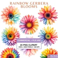 Rainbow Gerbera Flower Clipart PNG - Commercial + PLR Use License – Image 1
