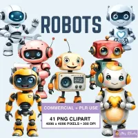 Cute Robot Characters Clipart PNG - Commercial + PLR Use License – Image 1