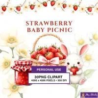 Strawberry Bunny Picnic Clipart PNG - Personal Use License – Image 1