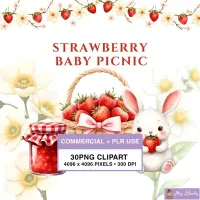 Strawberry Bunny Picnic Clipart PNG - Commercial + PLR Use License – Image 1