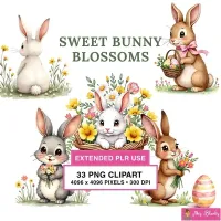 Cute Bunny Spring Flowers Clipart PNG - Extended License – Image 1