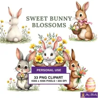 Cute Bunny Spring Flowers Clipart PNG - Personal Use License – Image 1