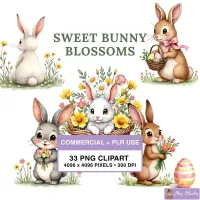 Cute Bunny Spring Flowers Clipart PNG - Commercial + PLR Use License – Image 1