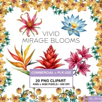 Colorful Tropical Floral Clipart PNG - Commercial + PLR Use License – Image 1