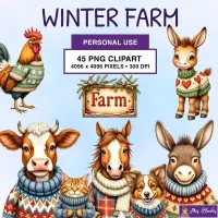 Winter Farm Animals Clipart PNG - Personal Use License – Image 1