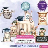 Boho Graduation Animals Clipart PNG - Extended License – Image 1