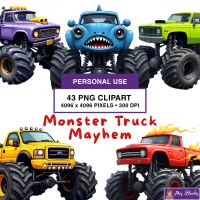 Colorful Monster Truck Watercolor Clipart PNG - Personal Use License - Monster Truck Mayhem – Image 1