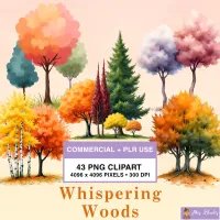 Colorful Woodland Tree Watercolor Clipart PNG - Commercial + PLR Use - Whispering Woods – Image 1