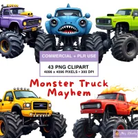 Colorful Monster Truck Watercolor Clipart PNG - Commercial + PLR Use - Monster Truck Mayhem – Image 1