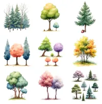 Colorful Woodland Tree Watercolor Clipart PNG - Commercial + PLR Use - Whispering Woods – Image 5