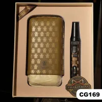 (CG169) طقم حافظة سيجار وولاعة - ترينيداد – طقم حافظة وولاعة, ذهبي بنقوش ترينيداد المميزة, ترينيداد