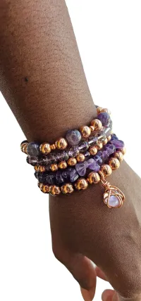 Amethyst Copper Bracelet Set - Enhanced Tranquility Crystal Bead Stack for Spiritual Awareness & Peace – Image 1