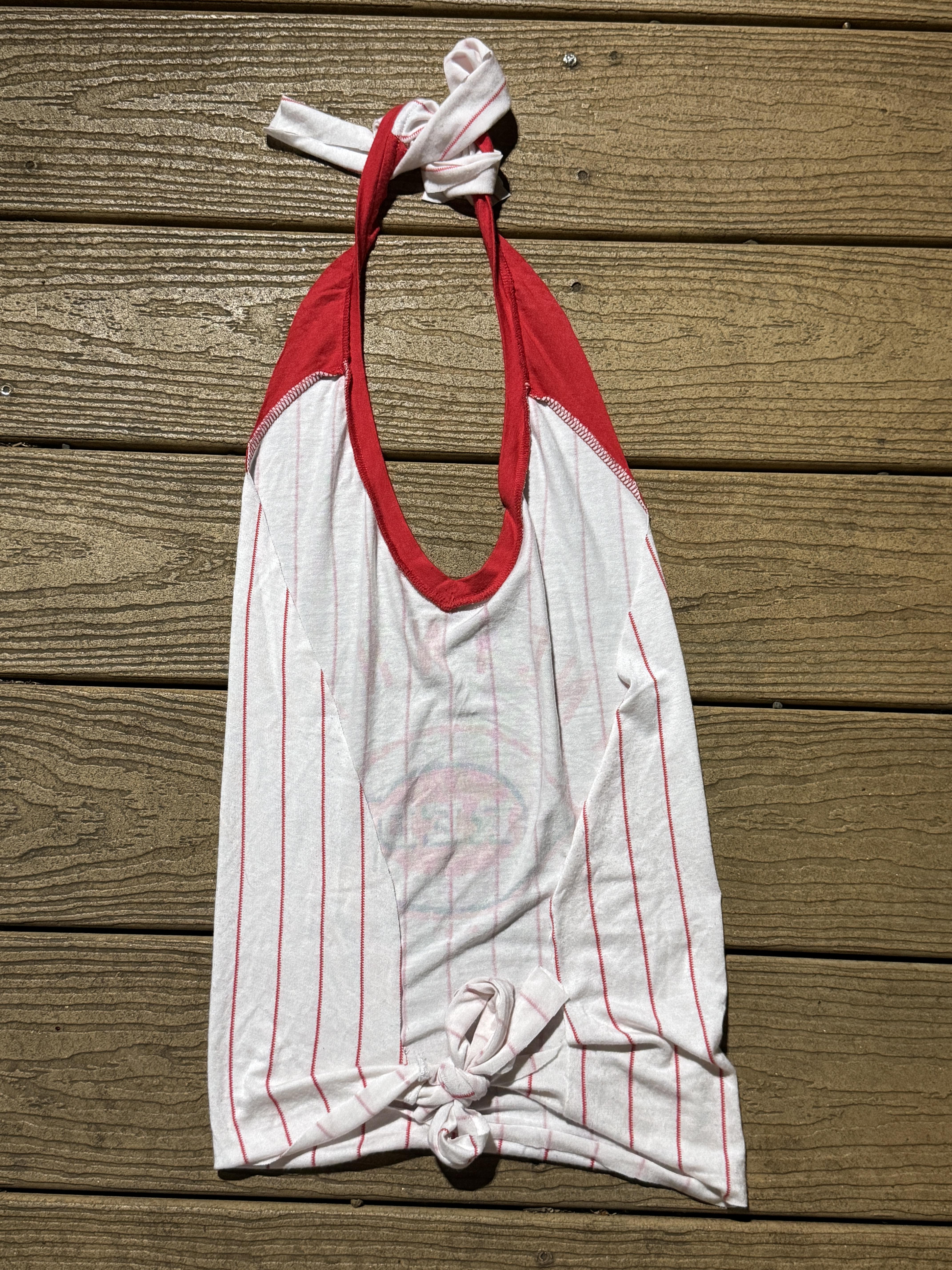 Cincinnati Reds Vintage  Reworked Striped White Halter Top One Size – Image 2