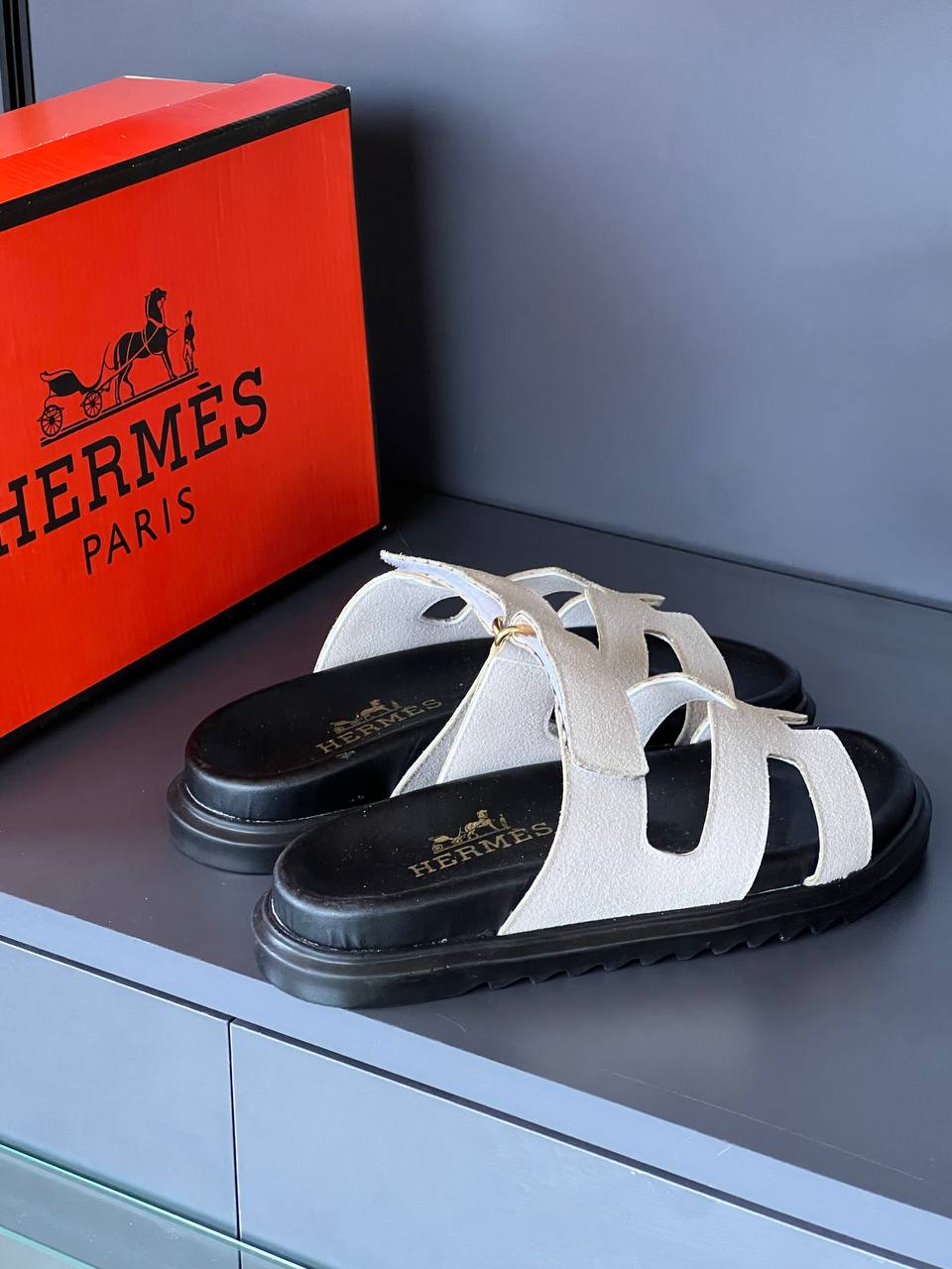 Hermes Chypre White Sandals – Image 4