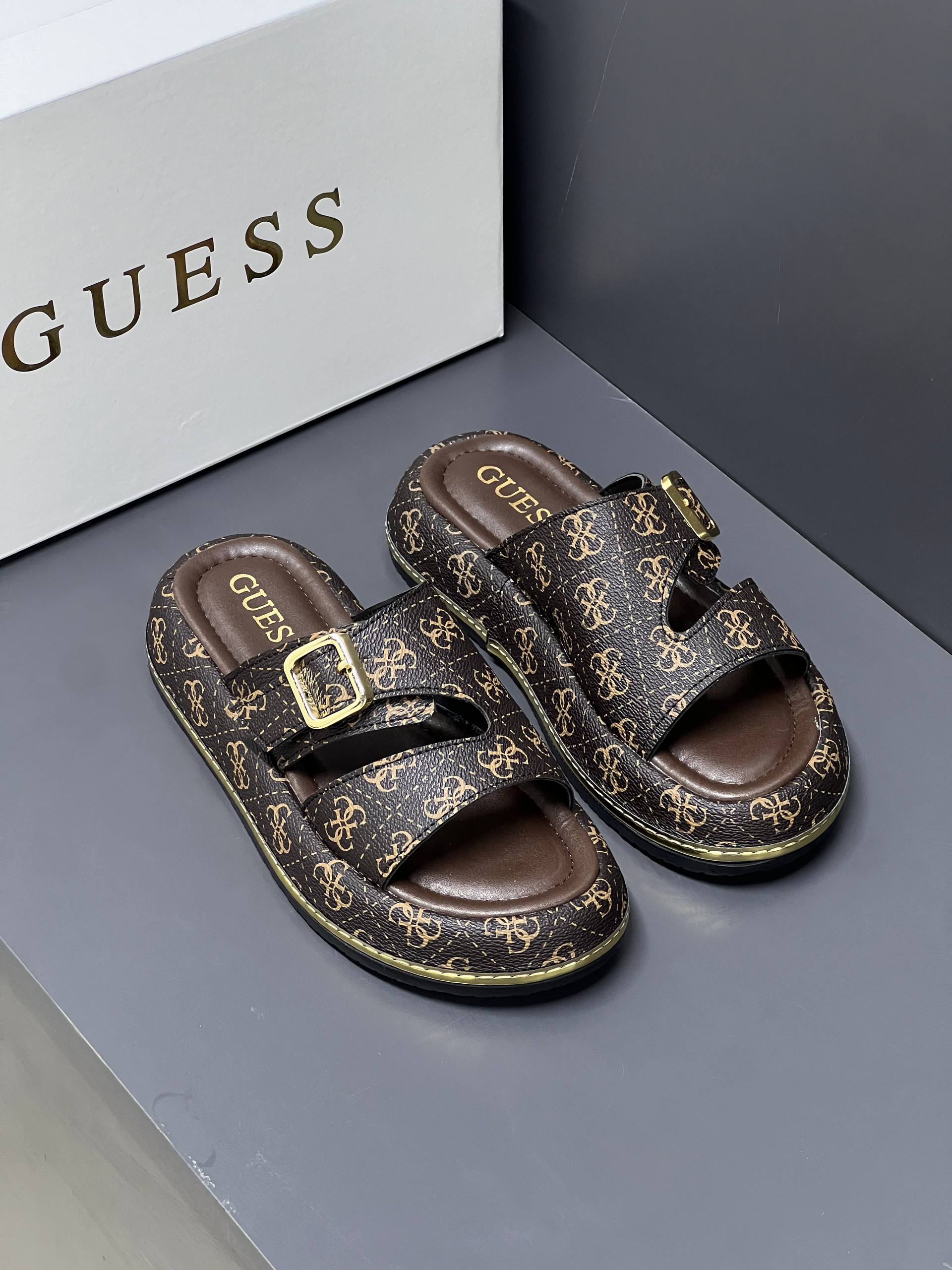 Guess Leather Brown Slippers – Image 2