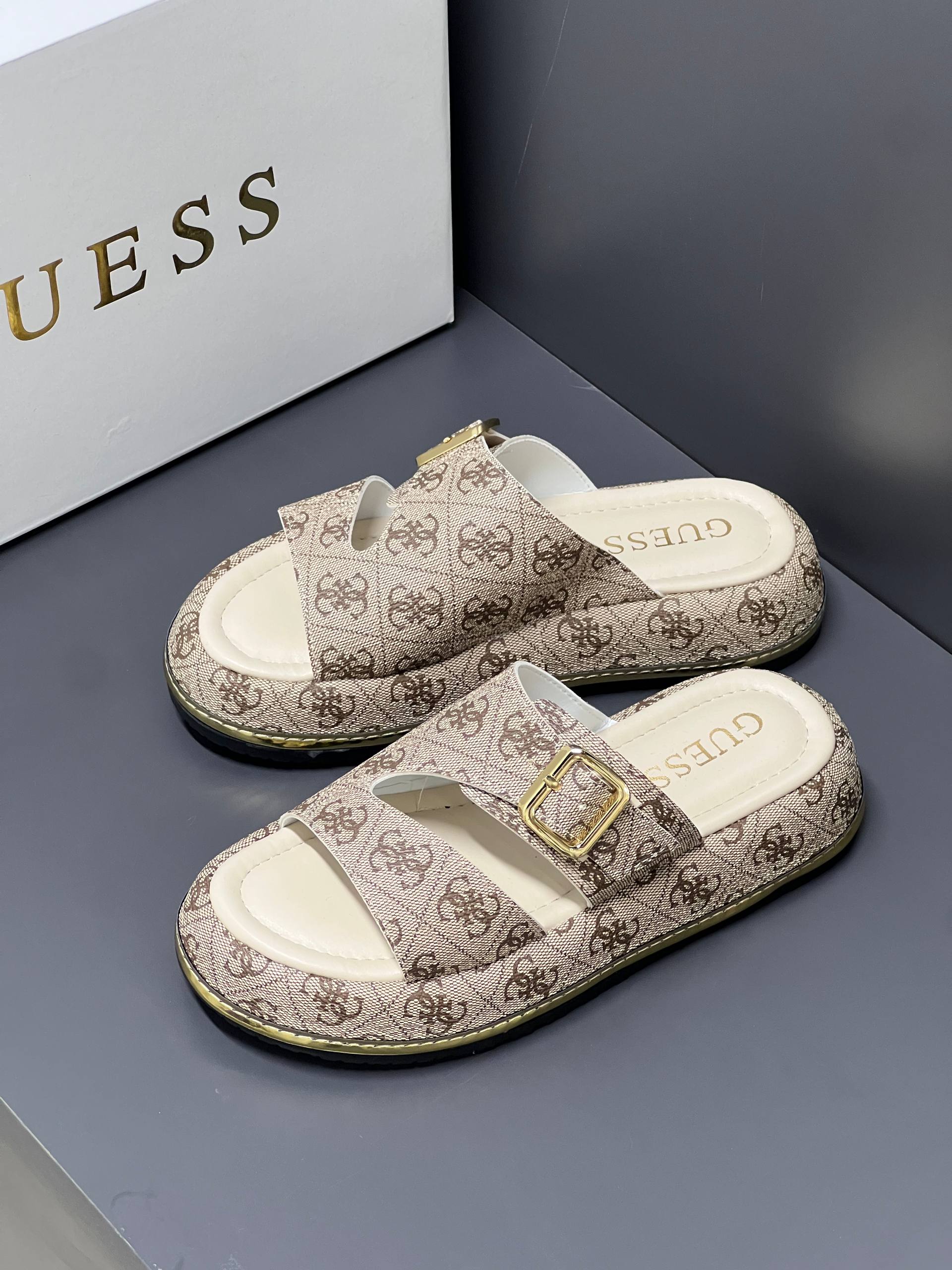 Guess Leather Beige Slippers – Image 2