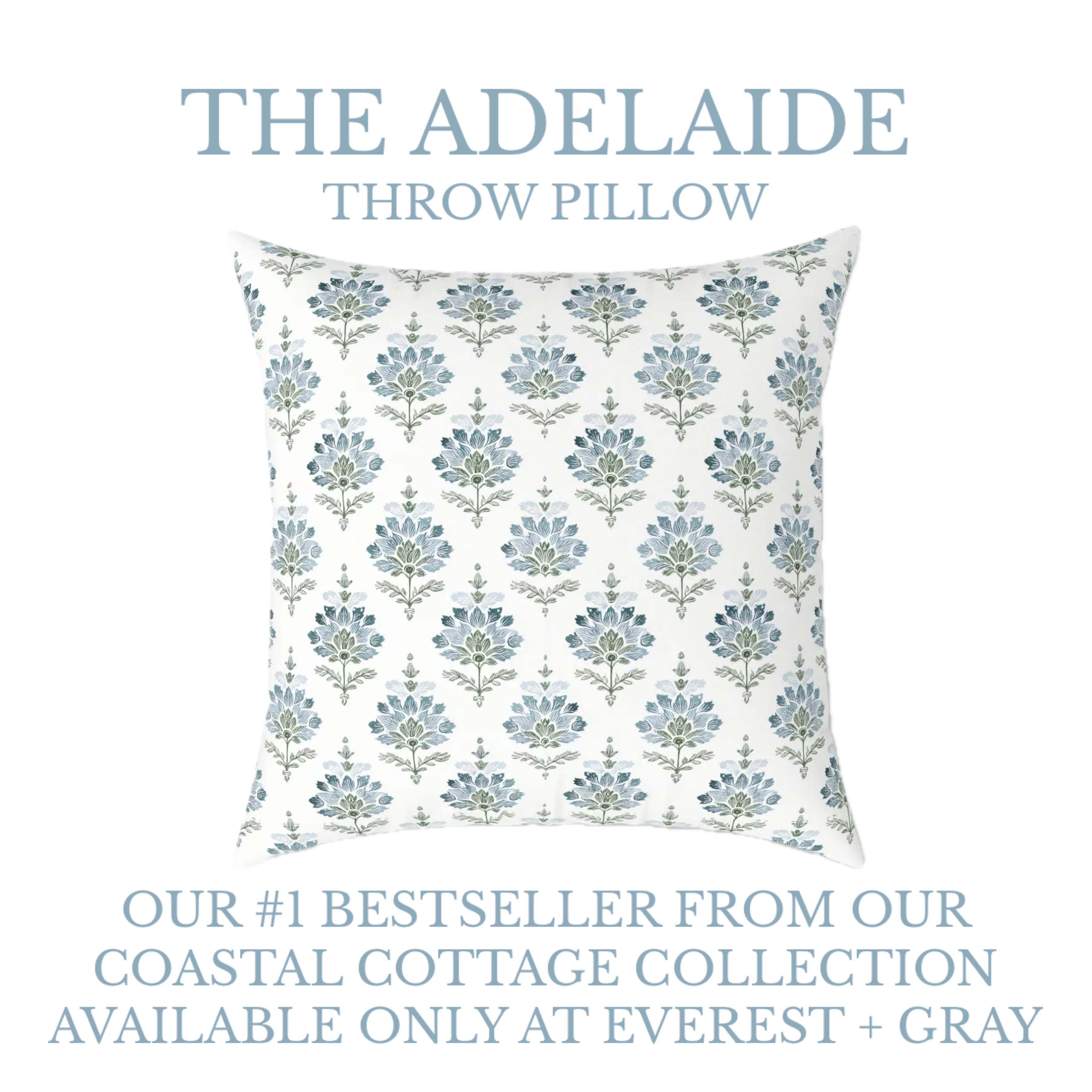 Adelaide Blue Floral Block Print Throw Pillow Cover | Coastal Cottage Decorative Pillow | Grand Millennial Blue & White – Image 5