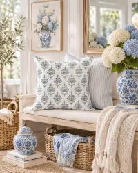 Adelaide Blue Floral Block Print Throw Pillow Cover | Coastal Cottage Decorative Pillow | Grand Millennial Blue & White – 24" X 24"