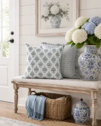 Adelaide Blue Floral Block Print Throw Pillow Cover | Coastal Cottage Decorative Pillow | Grand Millennial Blue & White – Image 2