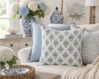 Adelaide Blue Floral Block Print Throw Pillow Cover | Coastal Cottage Decorative Pillow | Grand Millennial Blue & White – 20" X 20"