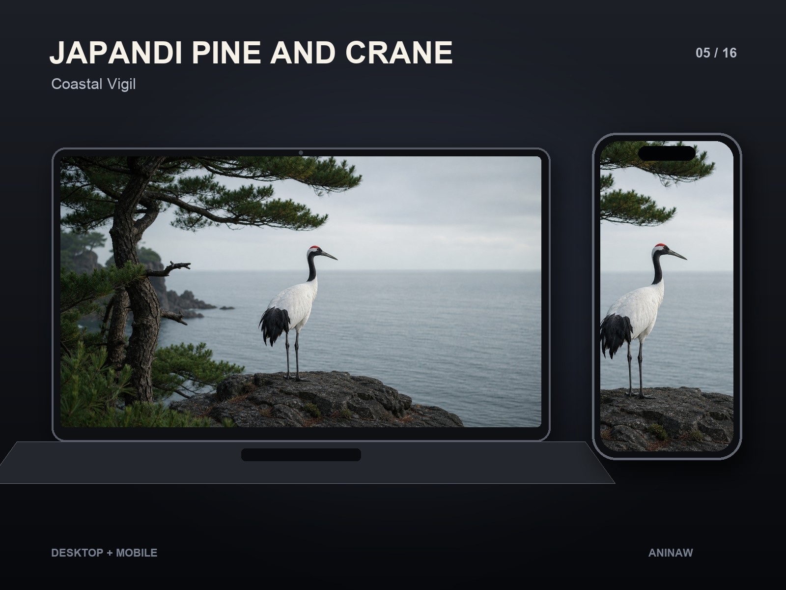 Japandi Pine and Crane — 16 Premium Wallpapers for Desktop & Phone – Image 8