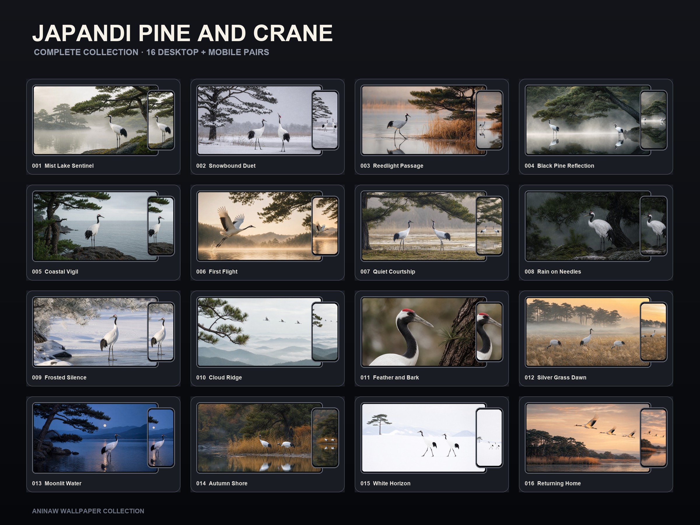 Japandi Pine and Crane — 16 Premium Wallpapers for Desktop & Phone – Image 2