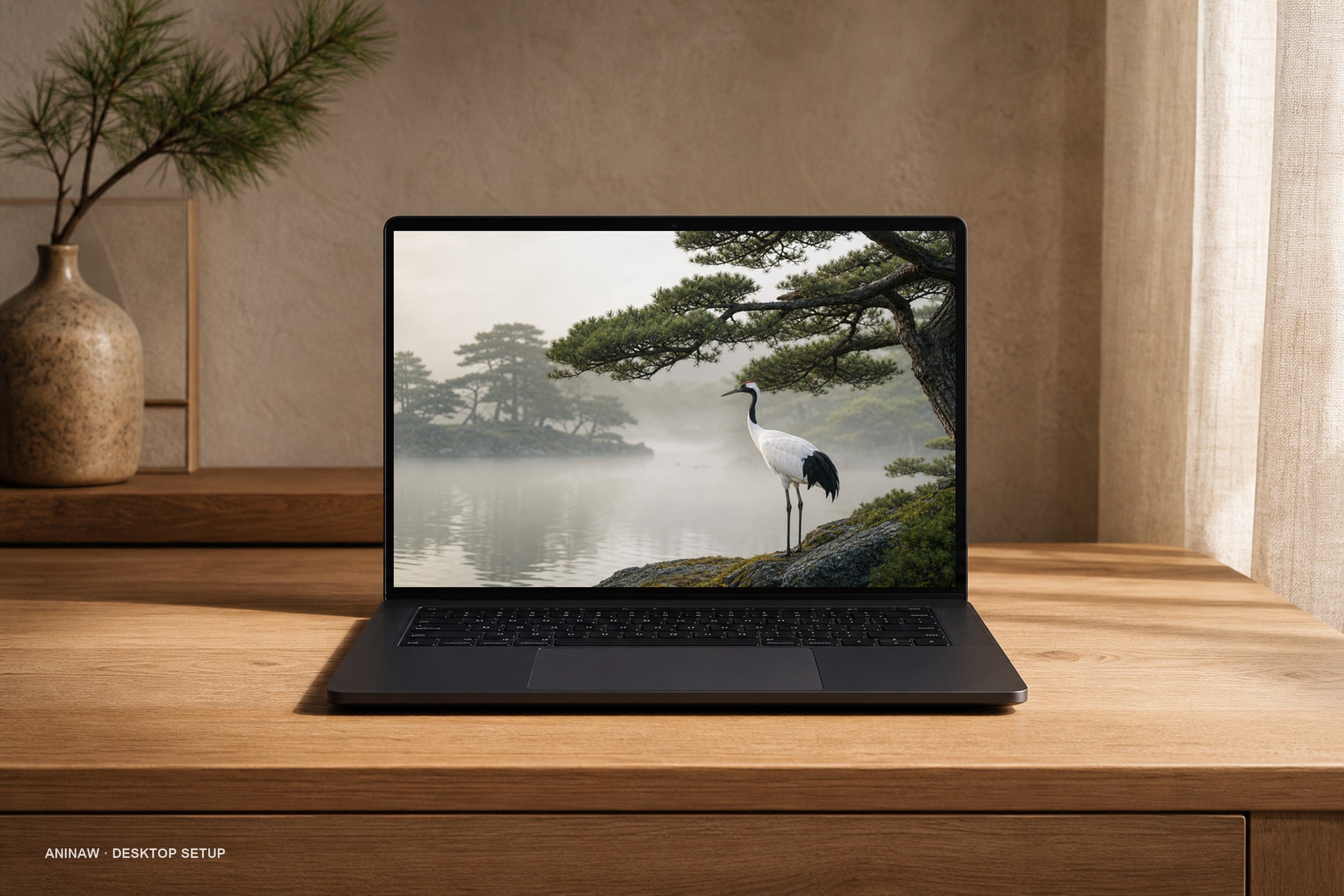 Japandi Pine and Crane — 16 Premium Wallpapers for Desktop & Phone – Image 4