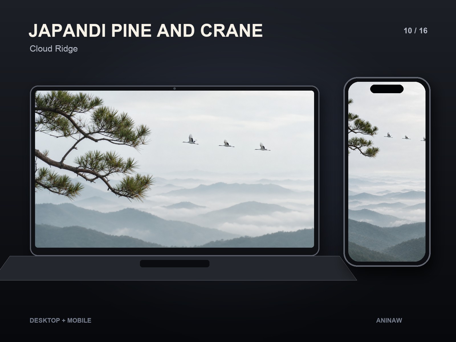 Japandi Pine and Crane — 16 Premium Wallpapers for Desktop & Phone – Image 13