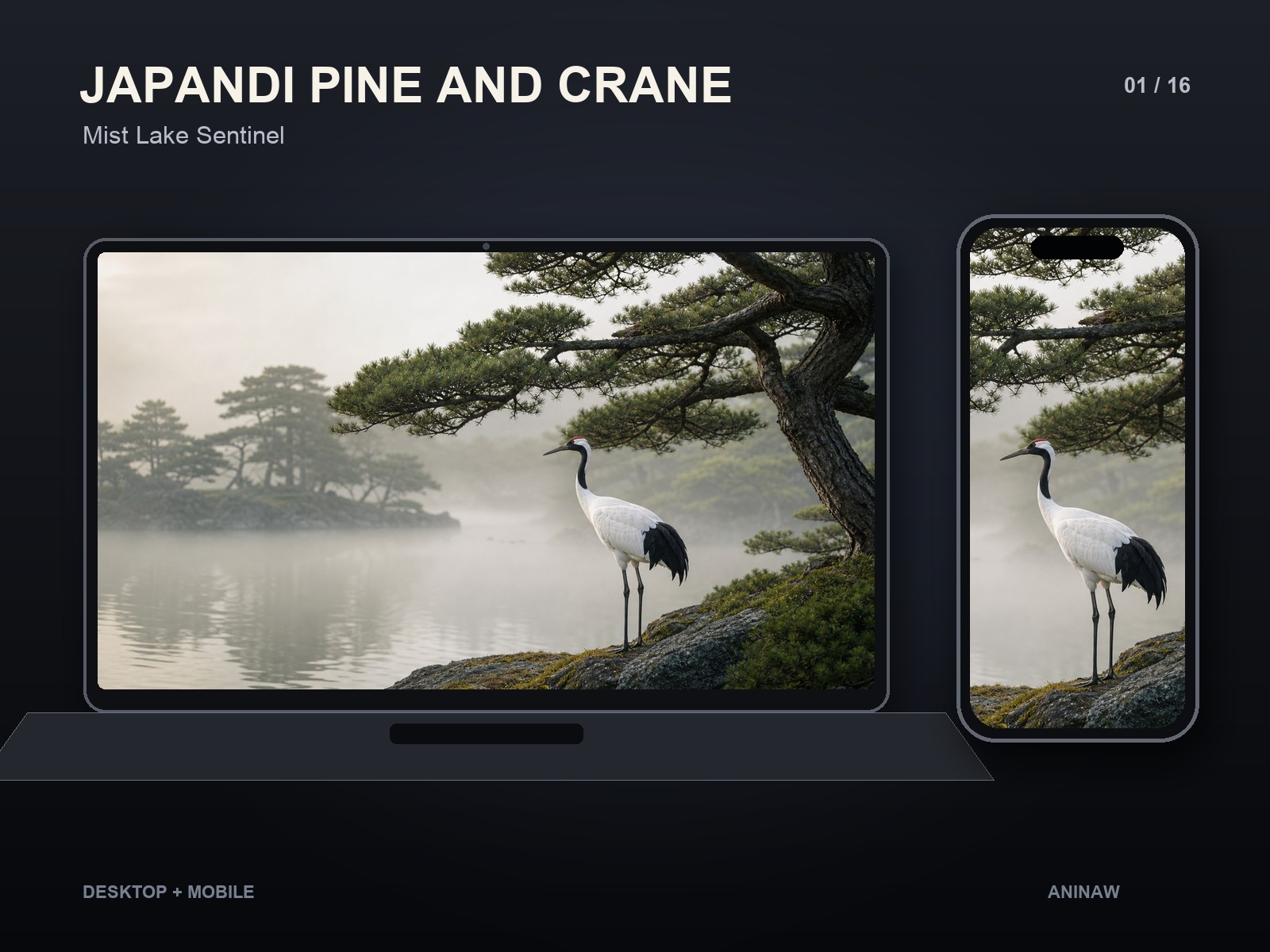 Japandi Pine and Crane — 16 Premium Wallpapers for Desktop & Phone – Image 3