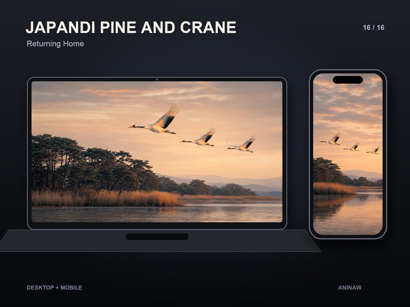 Japandi Pine and Crane — 16 Premium Wallpapers for Desktop & Phone – Image 19