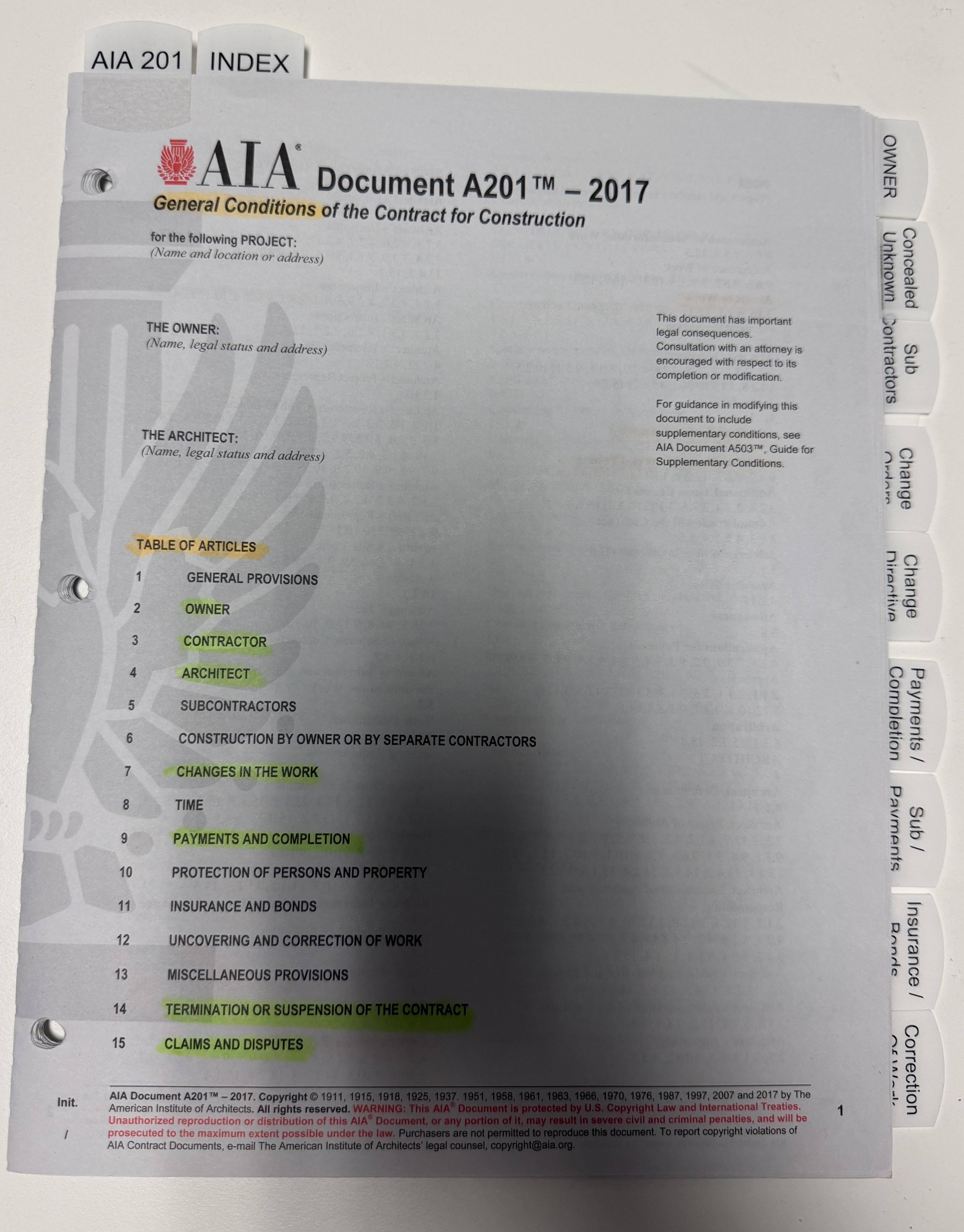 AIA A201 2017 pre highlighted and tabbed – Image 1