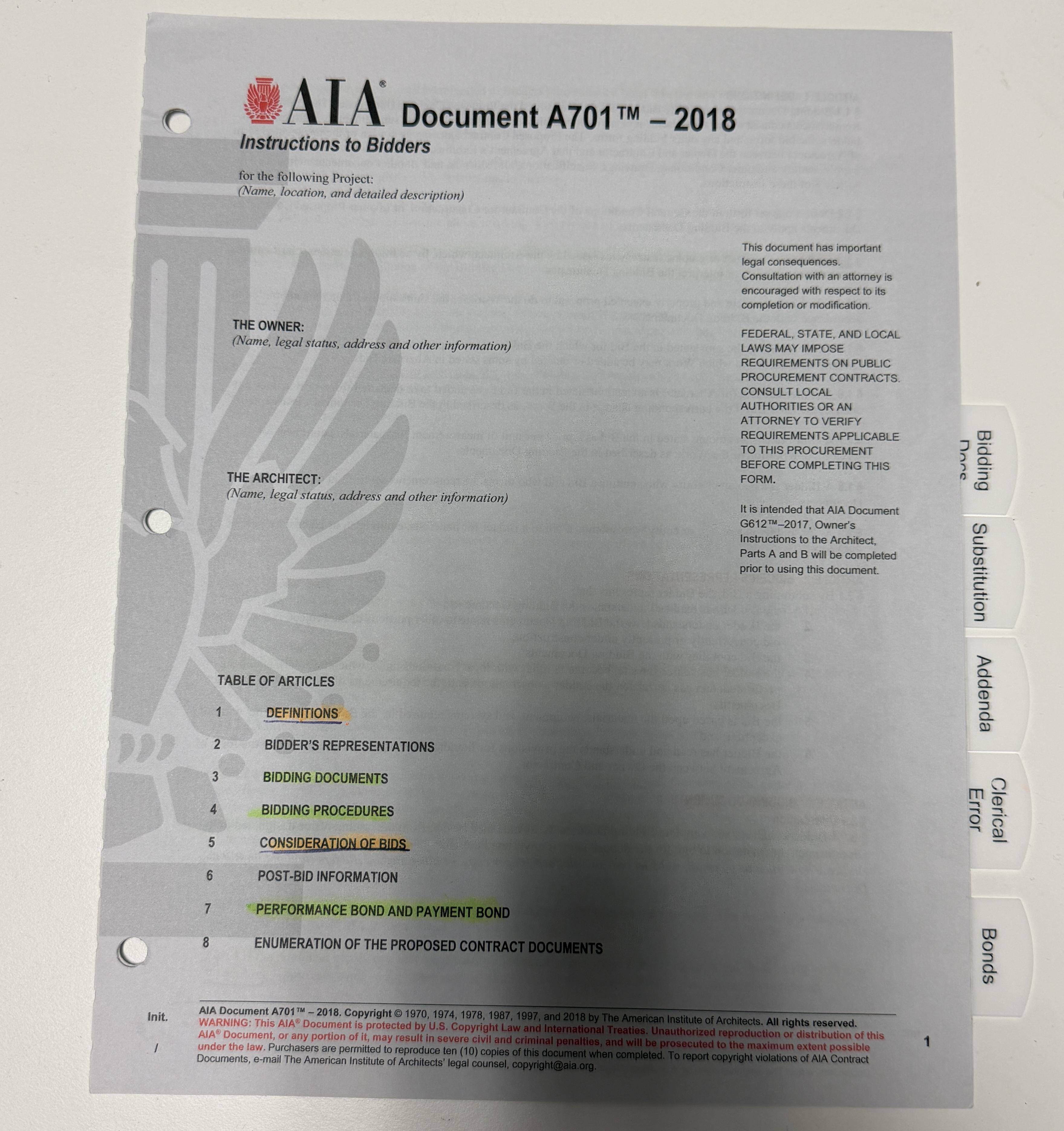 AIA A701 2018 pre-highlighted and tabbed – Image 1