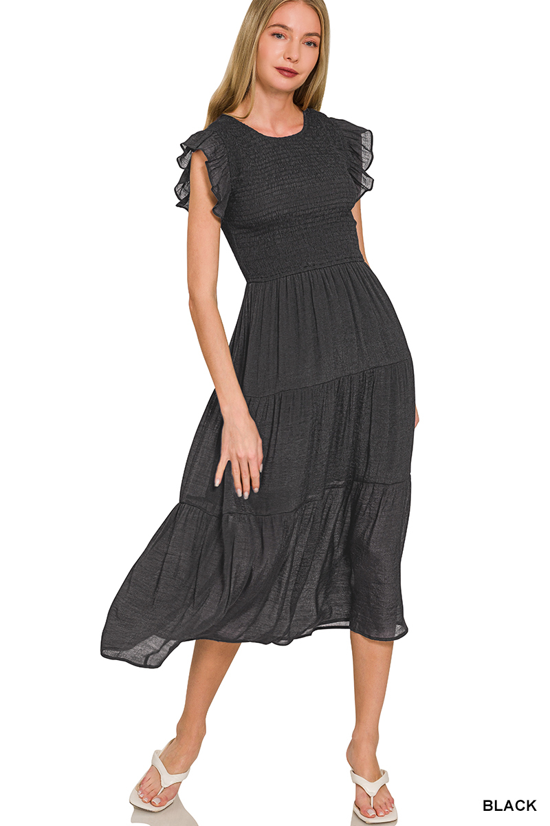 Grace in Motion Smocked Ruffle Sleeve Midi Dress - Black – Image 2